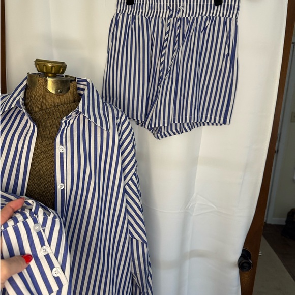 Blue and White Striped Shirt and Shorts Set